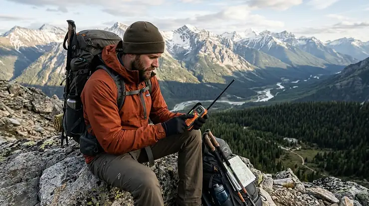 A hiker activating a PLB emergency beacon in a remote mountain range for satellite rescue.