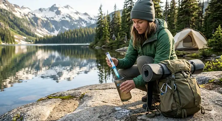 A hiker using a portable UV water purifier to treat water from a mountain lake during a camping trip. UV water purifier camping