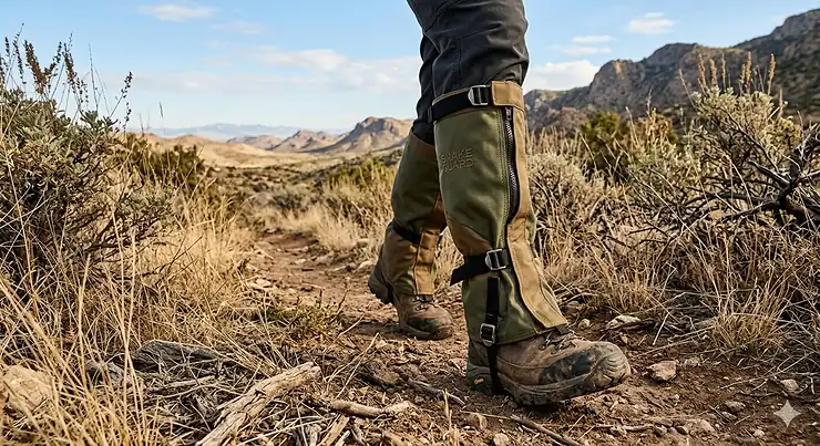Lightweight snake gaiters for hiking featuring adjustable straps and puncture-proof material.