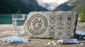 An illustration of certified water purification standards including EPA and NSF compliance icons.