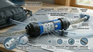 An infographic comparing the 0.1 micron pore size of a Sawyer filter to common waterborne contaminants like Giardia.