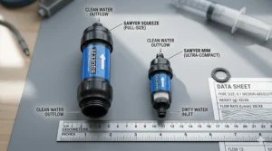 A side-by-side scale comparison of the Sawyer Mini and the Sawyer Squeeze water filters for size reference.