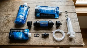 An overhead view of the Sawyer Squeeze water filtration kit including the filter, pouches, and cleaning syringe.