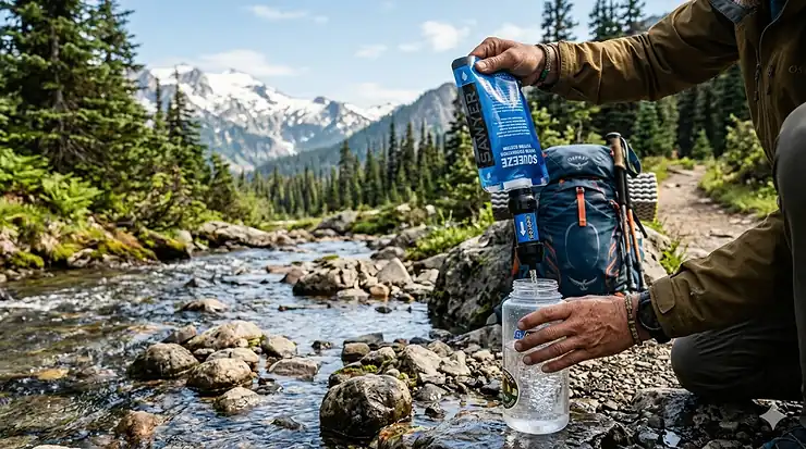 A close-up review of a Sawyer water filter being used to squeeze clean water into a bottle during a backpacking trip. Sawyer water filter review