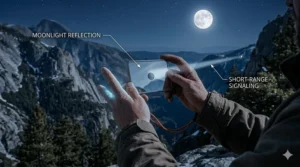 A survivalist using a signal mirror for survival to reflect moonlight for short-range signaling at night.