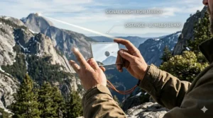 Illustration showing a signal mirror for survival reflecting sunlight over a distance of 10 miles to a rescue helicopter.