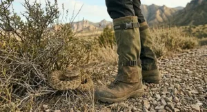 A wide shot of a trail in snake country with a hiker wearing protective gaiters in the foreground.