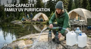 A solar-rechargeable UV water purifier sitting on a rock in the sun during a wild camping expedition.