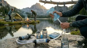 A person squeezing a flexible pouch through a portable water filter for camping into a reusable bottle.
