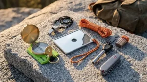 A compact signal mirror for survival placed next to a compass, whistle, and fire starter in an emergency bag.