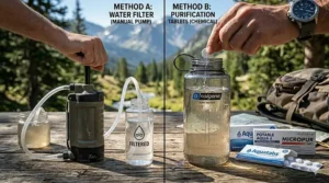 A side-by-side comparison showing a manual pump water filter versus chemical purification tablets.