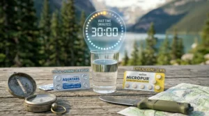 A digital 30-minute timer overlaying a glass of water to show the required contact time for purification.
