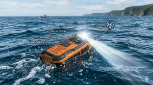 Illustration of a buoyant PLB emergency beacon floating in rough ocean water with a flashing LED strobe.