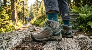 Illustration highlighting the padded high-top ankle support on a pair of women's trekking boots.