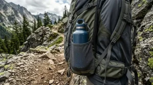 Close-up illustration of a lightweight insulated water bottle tucked into the side mesh pocket of a hiking backpack.