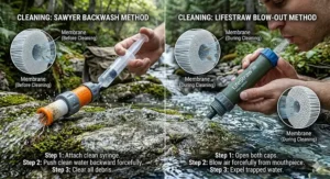How-to illustration showing backwashing a Sawyer filter with a syringe versus blowing out a LifeStraw to clear debris.