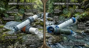 Infographic listing the types of bacteria, protozoa, and microplastics removed by both Sawyer and LifeStraw water filters.