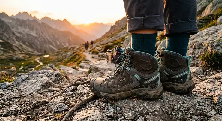 A pair of durable waterproof hiking boots for women resting on a rocky mountain trail at sunset.