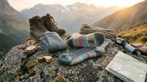 An organized flatlay of hiking gear featuring several pairs of the best hiking socks.