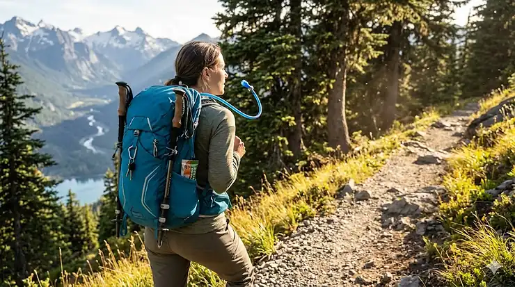 A hiker wearing a lightweight hydration pack while trekking on a mountain trail during sunset. hydration pack for hiking