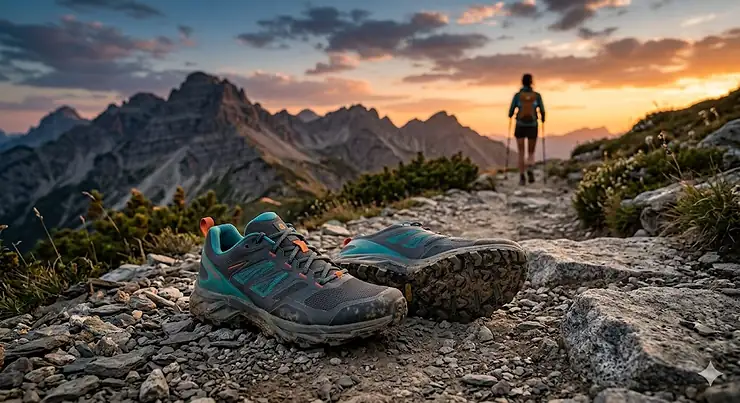 A pair of modern lightweight hiking shoes on a rocky mountain trail during sunset.