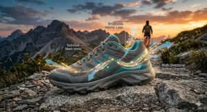 Technical diagram showing airflow through the mesh upper of a lightweight hiking shoe.