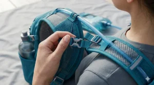 Illustration showing the breathable mesh shoulder straps and adjustable chest buckle of a hiking hydration pack.