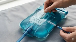 Illustration of a cleaning brush kit being used to scrub the tube and reservoir of a hydration pack.