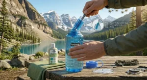 An instructional graphic showing the best way to clean a Nalgene bottle at a campsite using a bottle brush and biodegradable soap.