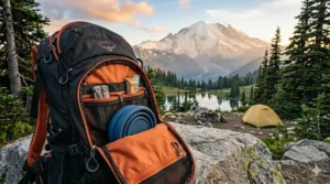 A high-detail 4K photorealistic close-up of an open pocket on a black and orange hiking backpack, showing a folded blue collapsible silicone water bottle tucked inside, demonstrating space-saving camping gear organization.