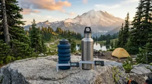 A high-detail 4K photorealistic close-up on a granite rock, showing a blue collapsible silicone water bottle side-by-side with a standard stainless steel bottle, with text labels and a digital micrometer comparing their folded and static heights.