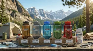 A visual guide showing multiple colorful Nalgene bottles used for organizing different campsite liquids or gear items.