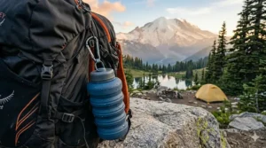 A detailed 4K photorealistic close-up of a blue collapsible water bottle, fully folded, clipped to the shoulder strap of a hiking backpack with a human hand holding the strap, set against a background of mountains and a lake at sunset.