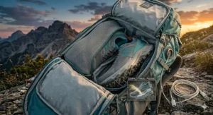 Illustration showing how easily lightweight hiking shoes compress into a backpack for travel.