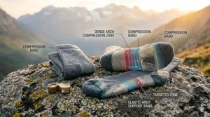 Diagram highlighting the elastic arch support in top-rated hiking socks.