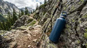 Illustration of a rugged insulated water bottle leaning against a rock on a steep hiking trail.