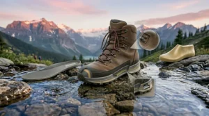 Illustration showing the reinforced stitching and durable leather upper of high-quality hiking boots for men.