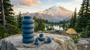A high-detail 4K photorealistic close-up on a granite rock, showing a fully disassembled blue collapsible silicone camping water bottle with water droplets, illustrating its easy-to-clean design after a camping trip.