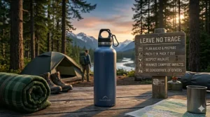 Illustration of a reusable insulated water bottle next to a "Leave No Trace" sign in a national park.