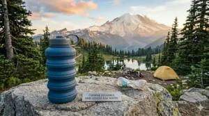 A high-detail 4K photorealistic close-up of a blue reusable collapsible silicone water bottle expanded on a granite rock in an alpine setting, with a crushed single-use plastic bottle visible on the ground nearby, illustrating sustainable camping gear.