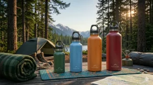 A row of colorful insulated water bottles in various sizes lined up on a camping mat.