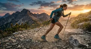 Stylized illustration of a hiker moving quickly through a forest wearing low-profile lightweight hiking shoes.
