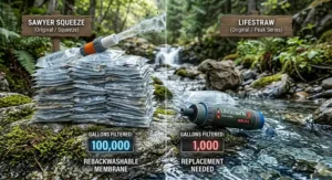 Illustration showing the 100,000-gallon lifespan of a Sawyer filter compared to the 1,000-gallon capacity of a standard LifeStraw.
