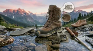 High-top hiking boots for men providing maximum ankle support for heavy-load mountain expeditions.
