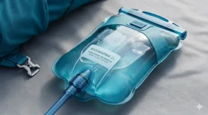 A close-up illustration of a 2-liter leak-proof hydration bladder with a wide opening for easy filling.
