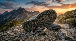 Close-up illustration of a multi-directional lug pattern on a lightweight hiking shoe for superior grip.