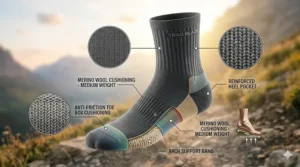 Illustration showing reinforced heel and toe cushioning in premium hiking socks.