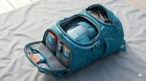 A diagram highlighting the various storage pockets for snacks, keys, and first aid kits in a hiking water backpack.