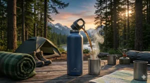 Illustration of steaming hot coffee being poured from an insulated bottle into a mug at a morning campsite.