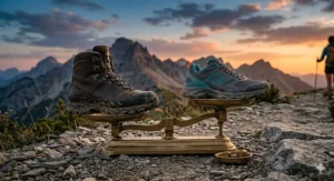 Illustration comparing the weight of a traditional leather boot versus a breathable lightweight hiking shoe.